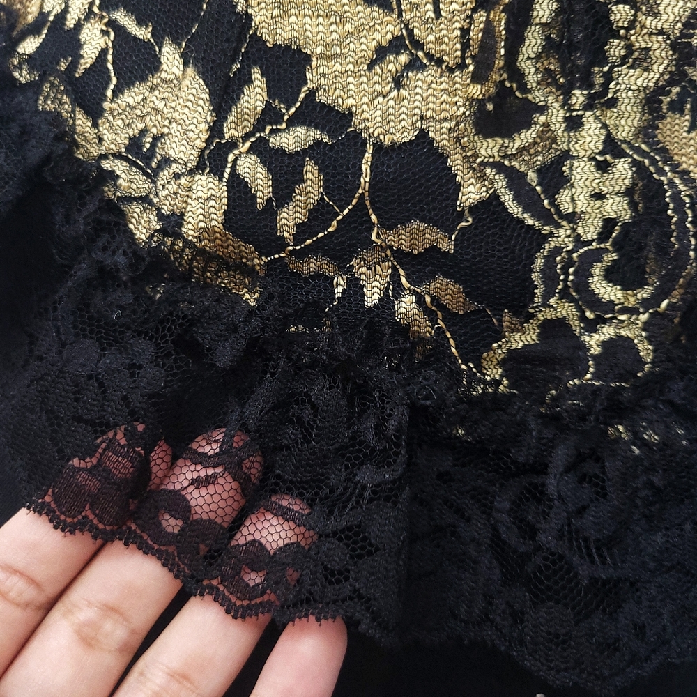 Vintage Romantic Dark Floral Gold Black Lace Ruffle Bustier Corset - Picture 6 of 10